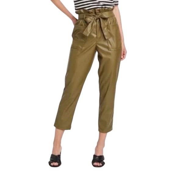 Who What Wear | Paperbag Faux Leather Pants in Olive Green - Picture 1 of 8